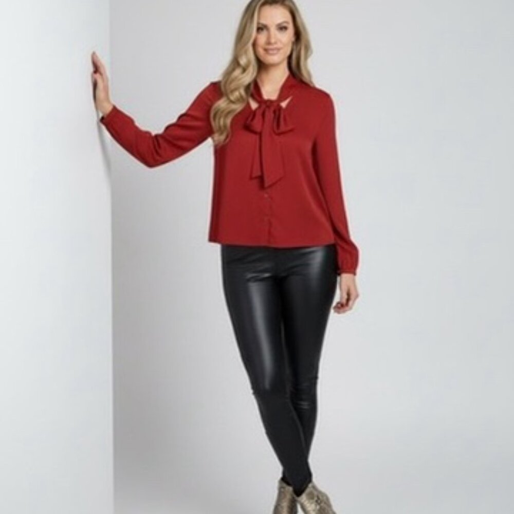 Joie 100% Silk Button Down Red Blouse with Bow Tie (Medium)